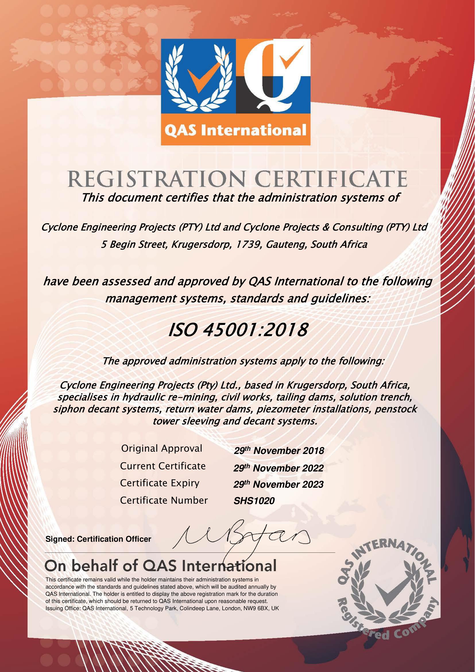 Safety Audit ISO 45001-2018 Expire 29 Nov 2023
