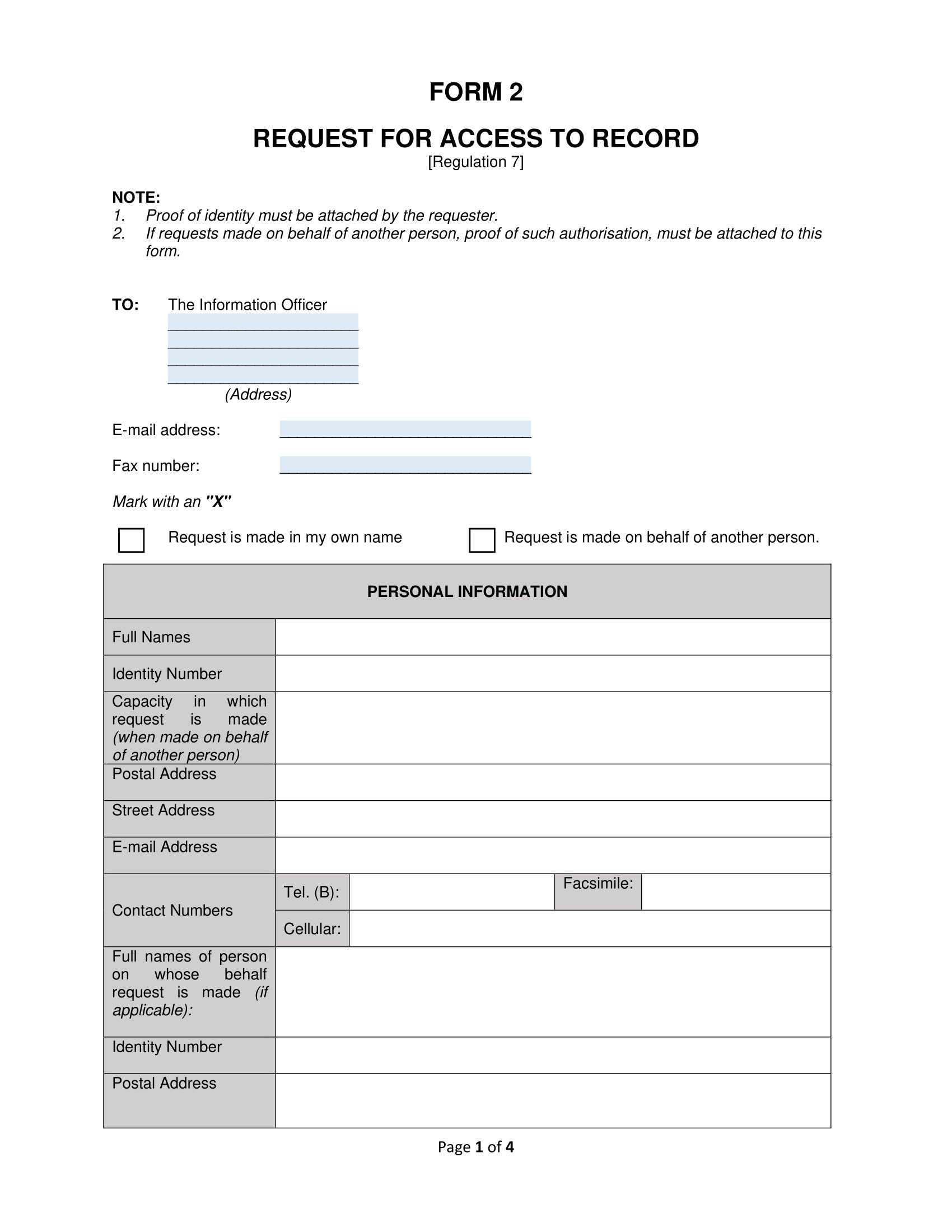 Form 2 - Request for access to a Record