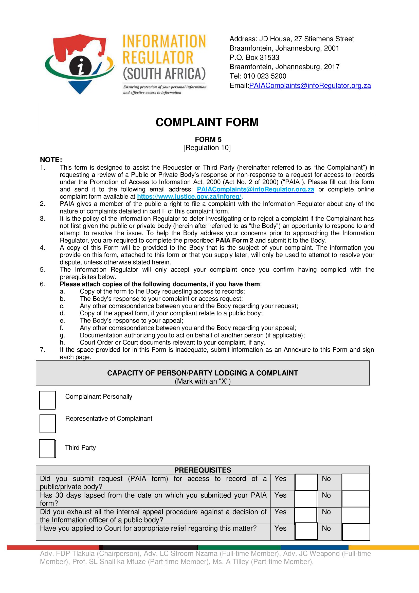 Form 5 - Complaint Form